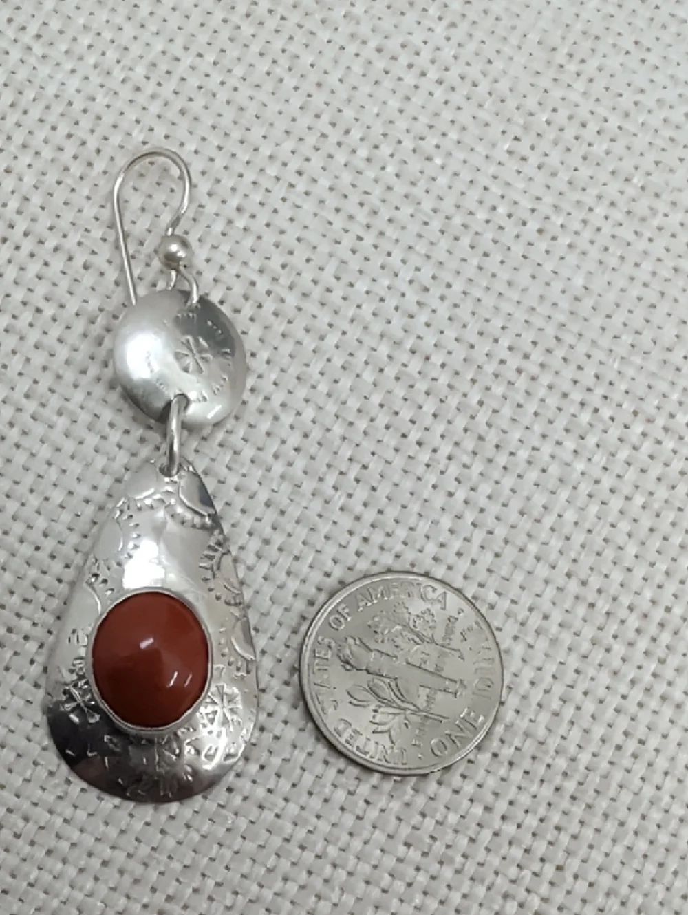 Vintage Sterling Silver Red Coral Cabochon Teardrop Dangle Earrings Artisan
